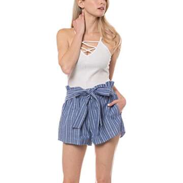 KOGMO Womens Casual Striped Summer Beach Shorts with Self Tie Bow