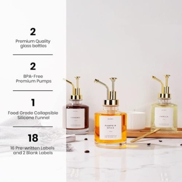 Molimoli Coffee Syrup Dispenser for Coffee Bar, Coffee Pump Dispenser, Glass Syrup Bottle w. Pump, 11.8 oz 350 ml, Set of 2, Gold Upgraded Pump