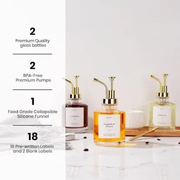 Molimoli Coffee Syrup Dispenser for Coffee Bar, Coffee Pump Dispenser, Glass Syrup Bottle w. Pump, 11.8 oz 350 ml, Set of 2, Gold Upgraded Pump