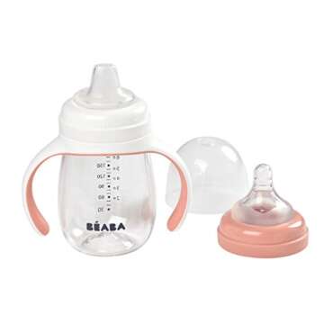 BEABA 2-in-1 Baby Bottle to Transition Sippy Cup, No Spill Sippy Cup, Includes Removable Handles, Si...