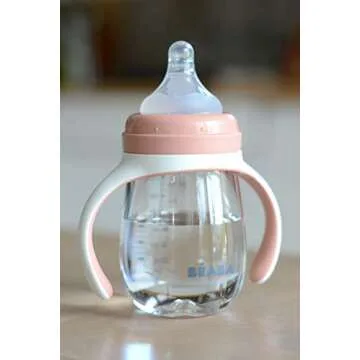 BEABA 2-in-1 Baby Bottle to Transition Sippy Cup, No Spill Sippy Cup, Includes Removable Handles, Silicone Baby Bottle Nipple and Soft Spout, 7 oz (Rose)