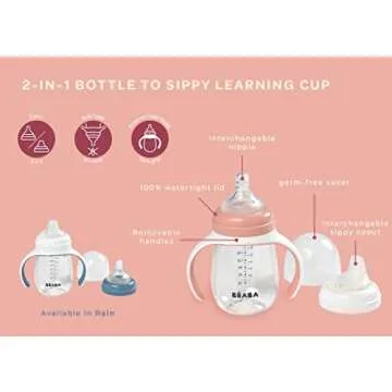 BEABA 2-in-1 Baby Bottle to Transition Sippy Cup, No Spill Sippy Cup, Includes Removable Handles, Silicone Baby Bottle Nipple and Soft Spout, 7 oz (Rose)
