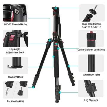 SmallRig T-10 Camera Tripod, 68" Foldable Aluminum Tripod & Monopod, Compatible with 1/4"-20 and 3/8"-16 Video Head, Payload 33lb, Adjustable Height from 19.7" to 67.7" for Camera, Phone - 3983