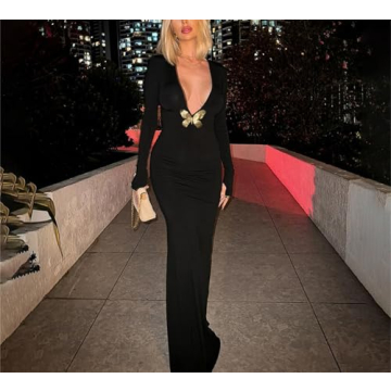 QNI Sexy Maxi Dress with Butterfly Print for Elegant Events