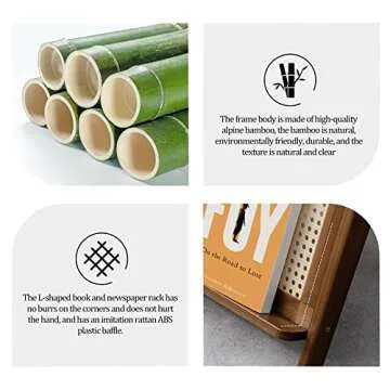 RêveLife Rattan End Table with Magazine Rack Glass-top Bamboo Sofa Side Table Accent Bedside Nightstand Boho Z Shaped Coffee Table for Bedroom Living Room Small Space, Walnut