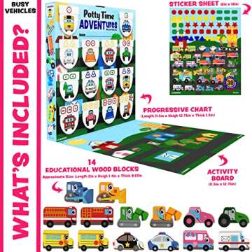 Potty Time Adventures Potty Training Chart for Toddlers by Lil ADVENTS - 14 Wooden Stacking Block Toys - Potty Training Advent Game, Behavior Reward Chart, Car Stickers, Activity Board - Busy Vehicles