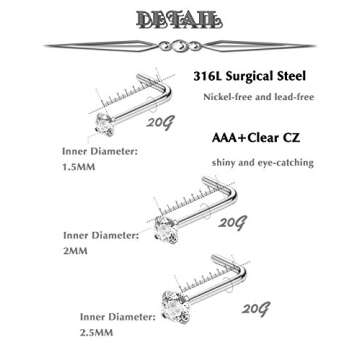 Jstyle 18Pcs Nose Rings Hoop Stainless Steel 20G L Shaped CZ Nose Studs Piercing Ring Hoop Body Jewe...