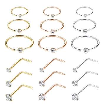 Jstyle 18Pcs Nose Rings Hoop Stainless Steel 20G L Shaped CZ Nose Studs Piercing Ring Hoop Body Jewelry Set