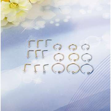Jstyle 18Pcs Nose Rings Hoop Stainless Steel 20G L Shaped CZ Nose Studs Piercing Ring Hoop Body Jewelry Set