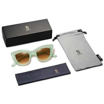 SOJOS Retro Small Vintage Cat Eye Sunglasses for Women Cute Fashion UV400 Sunnies SJ2939, Milky Green/Brown