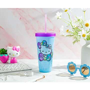 Sanrio Hello Kitty Starshine Color-Changing Plastic Travel Tumbler | Includes Reusable Straw, Leak-Resistant Lid, Fake Ice Cubes | Holds 24 Ounces