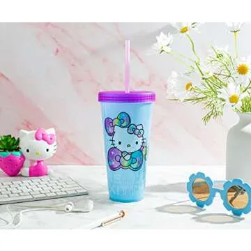 Sanrio Hello Kitty Starshine Color-Changing Plastic Travel Tumbler | Includes Reusable Straw, Leak-Resistant Lid, Fake Ice Cubes | Holds 24 Ounces