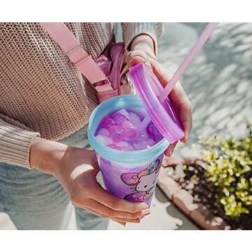 Sanrio Hello Kitty Starshine Color-Changing Plastic Travel Tumbler | Includes Reusable Straw, Leak-Resistant Lid, Fake Ice Cubes | Holds 24 Ounces
