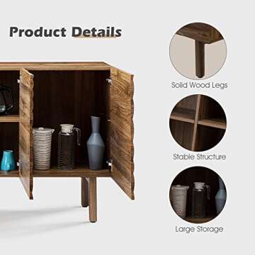 TINA'S HOME Sideboard Buffet Cabinet with 3 Chic-Designed Doors and 3 Adjustable Shelves, Mid-Century Modern Storage Cabinet with Solid Wood Legs for Kitchen, Dining Room and Living Room, Oak