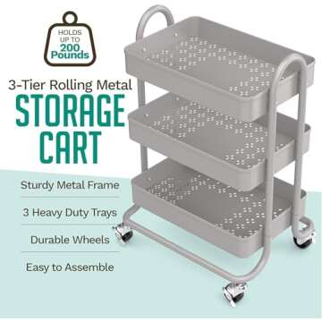 KoolerThings 3-Tier Rolling Metal Storage Organizer - Mobile Utility Rolling Storage Cart, Kitchen C...