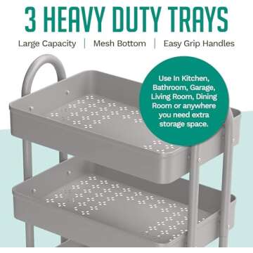 KoolerThings 3-Tier Rolling Metal Storage Organizer - Mobile Utility Rolling Storage Cart, Kitchen Cart with Caster Wheels (Grey)