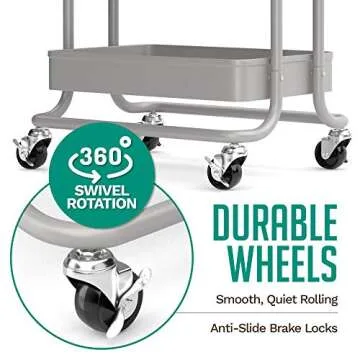 KoolerThings 3-Tier Rolling Metal Storage Organizer - Mobile Utility Rolling Storage Cart, Kitchen Cart with Caster Wheels (Grey)
