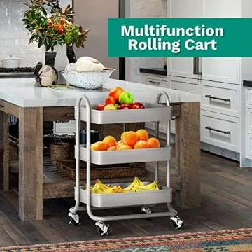 KoolerThings 3-Tier Rolling Metal Storage Organizer - Mobile Utility Rolling Storage Cart, Kitchen Cart with Caster Wheels (Grey)