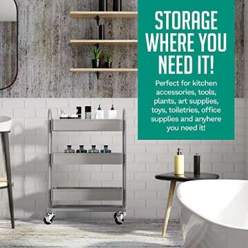 KoolerThings 3-Tier Rolling Metal Storage Organizer - Mobile Utility Rolling Storage Cart, Kitchen Cart with Caster Wheels (Grey)