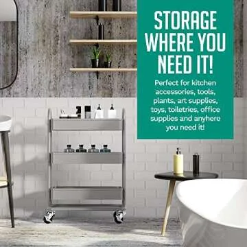 KoolerThings 3-Tier Rolling Metal Storage Organizer - Mobile Utility Rolling Storage Cart, Kitchen Cart with Caster Wheels (Grey)