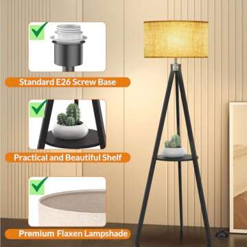 LEPOWER Tripod Floor Lamp - Modern Design with Shelf for Home & Office