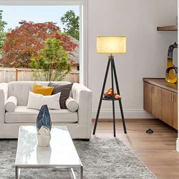 LEPOWER Stylish Wood Tripod Floor Lamp with Shelf