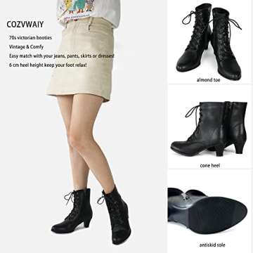 Cozivwaiy Women Vintage Victorian Boots 70s Lace up Ankle Boots Mid Heel Witch Granny Booties Costum...