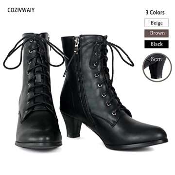Cozivwaiy Women Vintage Victorian Boots 70s Lace up Ankle Boots Mid Heel Witch Granny Booties Costume Shoes Cone Heel Zipper Almond Toe Black 7