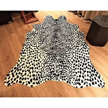 JACCAWS Faux Leopard Rug Large - Black and White Speckled (4.6ft x 6.6ft) - Leopard Print Area Rug for a Western Boho Decor - Synthetic, Cruelty-Free Animal Hide Carpet with No-Slip Backing (Leopard)