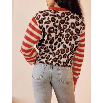 TERIVEEK Women Leopard Striped Cardigans Cheetah Print Open Front Button Down Long Sleeve Knit Sweater Fall Outwear Coats