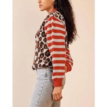 TERIVEEK Women Leopard Striped Cardigans Cheetah Print Open Front Button Down Long Sleeve Knit Sweater Fall Outwear Coats