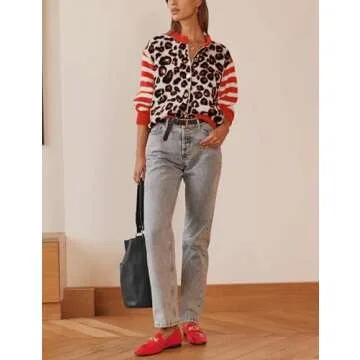 TERIVEEK Women Leopard Striped Cardigans Cheetah Print Open Front Button Down Long Sleeve Knit Sweater Fall Outwear Coats