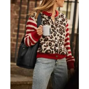 TERIVEEK Women Leopard Striped Cardigans Cheetah Print Open Front Button Down Long Sleeve Knit Sweater Fall Outwear Coats