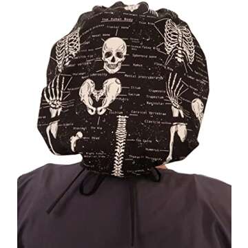 Sparkling EARTH Human Body Skeleton (Glow in The Dark) Banded Bouffant Ponytail Classic Surgical Style Scrub Working Cap - Made in The USA!