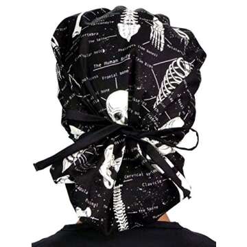 Sparkling EARTH Human Body Skeleton (Glow in The Dark) Banded Bouffant Ponytail Classic Surgical Style Scrub Working Cap - Made in The USA!