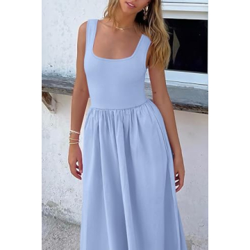 Potany Summer Dresses for Women 2024 Casual Sleeveless Square Neck Flowy Long A Line Beach Vacation Maxi Blue Tank Sun Dress Spring Outfits with Pockets(Blue,L)