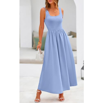 Potany Summer Dresses for Women 2024 Casual Sleeveless Square Neck Flowy Long A Line Beach Vacation Maxi Blue Tank Sun Dress Spring Outfits with Pockets(Blue,L)