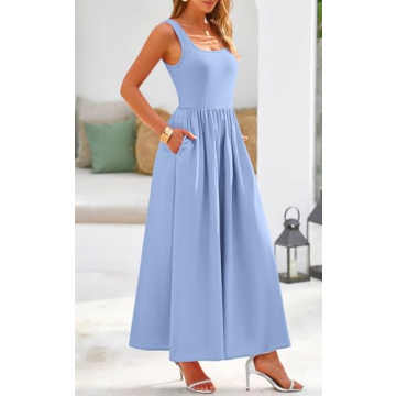 Potany Summer Dresses for Women 2024 Casual Sleeveless Square Neck Flowy Long A Line Beach Vacation Maxi Blue Tank Sun Dress Spring Outfits with Pockets(Blue,L)