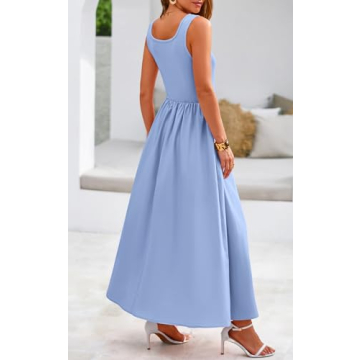 Potany Summer Dresses for Women 2024 Casual Sleeveless Square Neck Flowy Long A Line Beach Vacation Maxi Blue Tank Sun Dress Spring Outfits with Pockets(Blue,L)