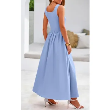 Potany Summer Dresses for Women 2024 Casual Sleeveless Square Neck Flowy Long A Line Beach Vacation Maxi Blue Tank Sun Dress Spring Outfits with Pockets(Blue,L)