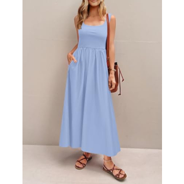 Potany Summer Dresses for Women 2024 Casual Sleeveless Square Neck Flowy Long A Line Beach Vacation Maxi Blue Tank Sun Dress Spring Outfits with Pockets(Blue,L)