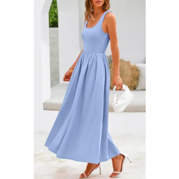 Potany Summer Dresses for Women 2024 Casual Sleeveless Square Neck Flowy Long A Line Beach Vacation Maxi Blue Tank Sun Dress Spring Outfits with Pockets(Blue,L)