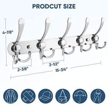 TICONN Wall Mounted Coat Rack, Five Heavy Duty Tri Hooks All Metal Construction for Jacket Coat Hat ...