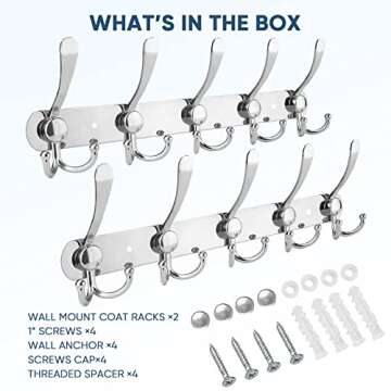 TICONN Wall Mounted Coat Rack, Five Heavy Duty Tri Hooks All Metal Construction for Jacket Coat Hat in Mudroom Entryway (Chrome, 2-Pack)