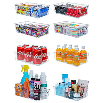 ESARORA Plastic Storage Bin with Lid and Divider, Clear Shallow Pantry Organizer with Handle for Fri...