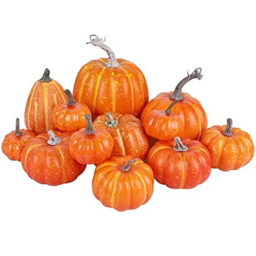winemana 12 Pcs Orange Pumpkins Halloween Decor Indoor Artificial Pumpkins Fall Decor, Thanksgiving ...