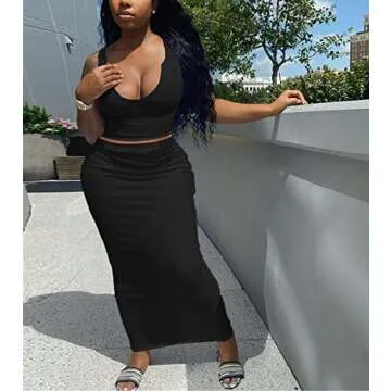 Womens Scoop Neck Ribbed 2 Piece Summer Maxi Dress Set