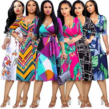 Women's Plus Size Faux Wrap Cocktail Party Dresses 3/4 Sleeve Deep V Neck Swing Wrap Floral Midi Dress with Belt Purple XL