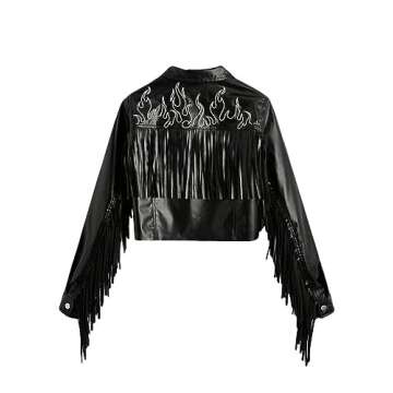 WDIRARA Women's Leather Fringe Jacket Fire Print Button Front Crop Casual PU Blazer with Pocket Blac...