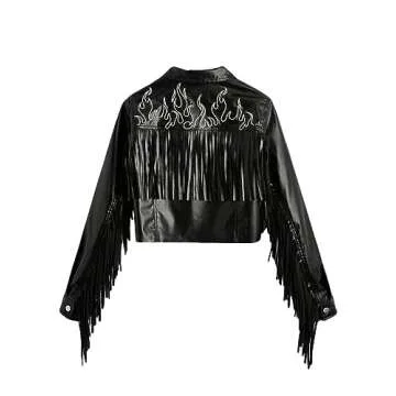 WDIRARA Women's Leather Fringe Jacket Fire Print Button Front Crop Casual PU Blazer with Pocket Blac...